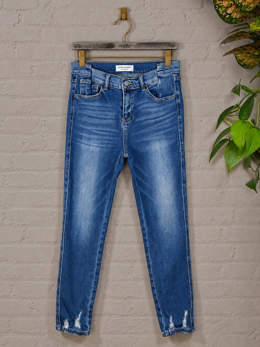 Flying Monkey High Rise Ankle Skinny Jeans Size 27 Distressed Pieced Waistband